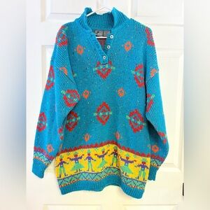 90s 'Liz Wear' Blue Patterned Acrylic Wool Sweater / Large folk